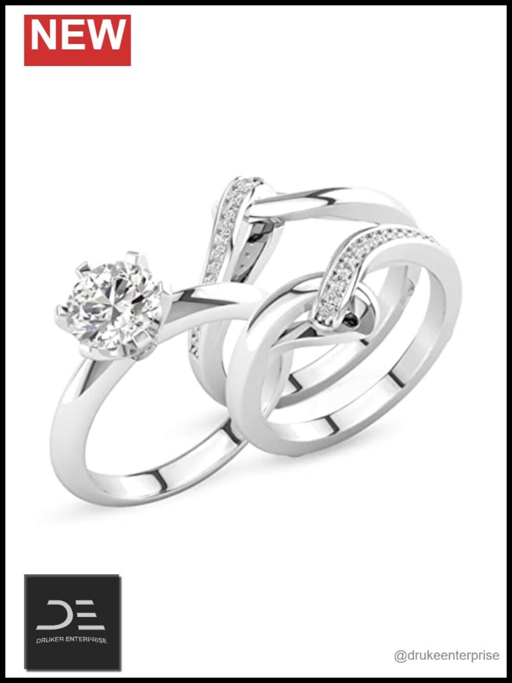 1 CT Moissanite Engagement Ring Set 3 Piece Bridal Set Platinum Plated Silver